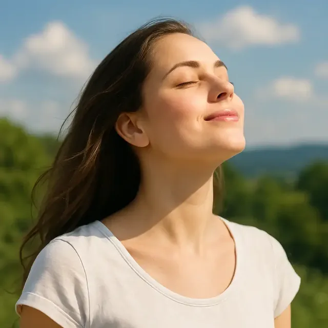 A woman taking a slow, deep breath of fresh air outdoors