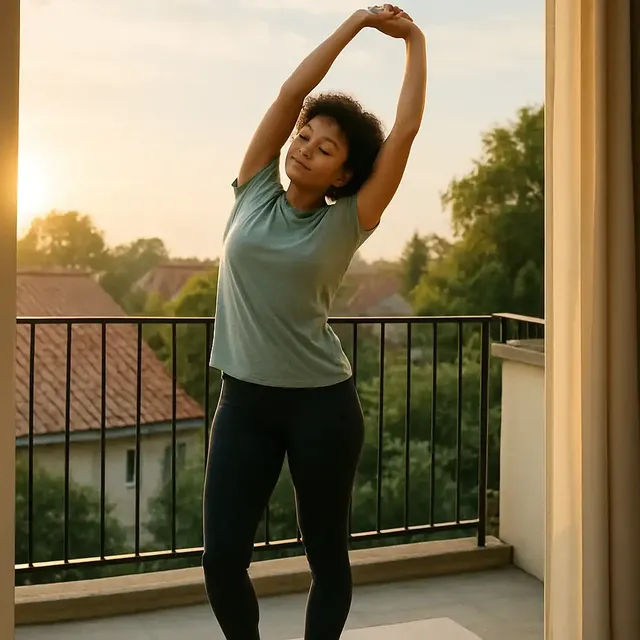 A person stretching on a balcony at sunrise