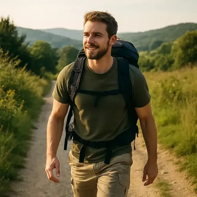 A hiker walking along a trail in open countryside