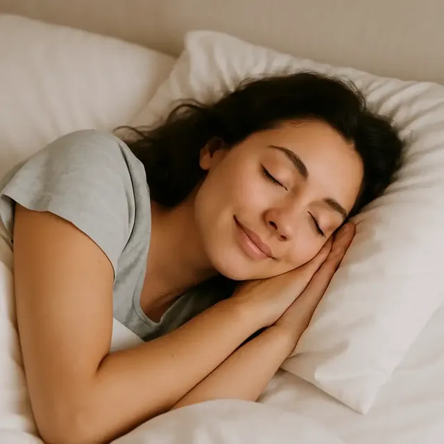 A woman sleeping peacefully on a pillow