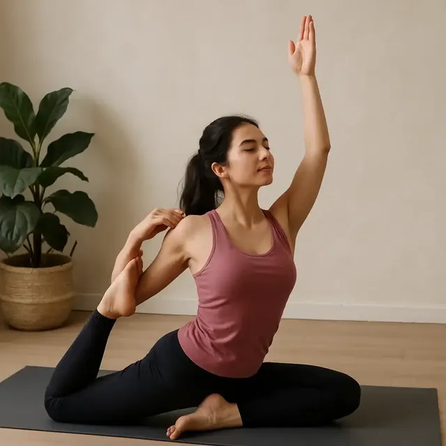 A woman stretching on a yoga mat in a bright room